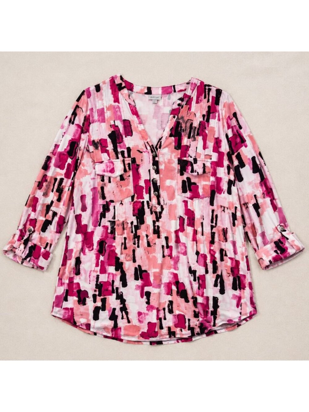 Avenue Brushstroke Tunic 22/24 Pink Abstract Henley Blouse Roll Tab Sleeve Plus